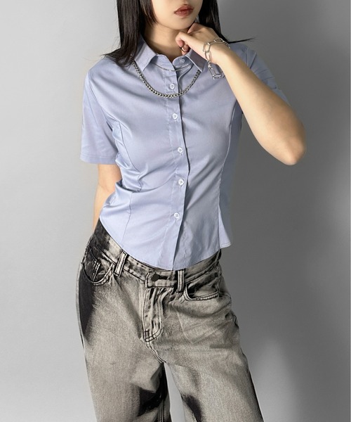 LVEU.（ラブユ.）の「【LVEU.】スリムシルエットシャツ / トップス シャツ ブラウス 半袖 レギュラーカラー スリム タイト コンパクト ブラック ホワイト ブルー（シャツ/ブラウス・レディース・ホワイト/ブラック/ブルー・FREE）」の20枚目の写真