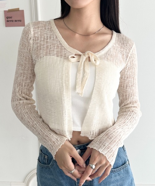 wears（ウェアーズ）の「ショート丈フロントリボンカーディガン（Tシャツ/カットソー・レディース・ブラック/ホワイト/ピンク/ライトブルー/アイボリー・FREE）」の2枚目の写真