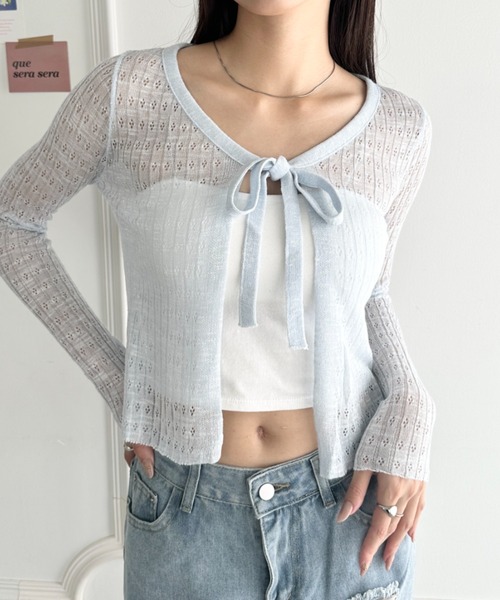 wears（ウェアーズ）の「ショート丈フロントリボンカーディガン（Tシャツ/カットソー・レディース・ブラック/ホワイト/ピンク/ライトブルー/アイボリー・FREE）」の4枚目の写真