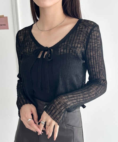 wears（ウェアーズ）の「ショート丈フロントリボンカーディガン（Tシャツ/カットソー・レディース・ブラック/ホワイト/ピンク/ライトブルー/アイボリー・FREE）」の3枚目の写真