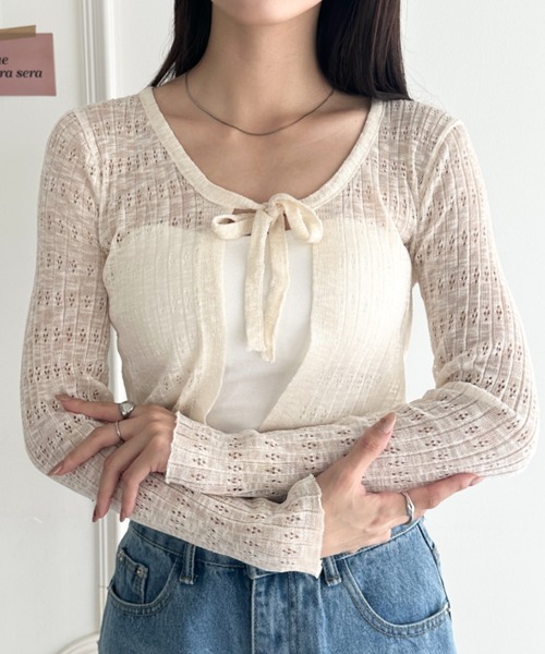 wears（ウェアーズ）の「ショート丈フロントリボンカーディガン（Tシャツ/カットソー・レディース・ブラック/ホワイト/ピンク/ライトブルー/アイボリー・FREE）」の15枚目の写真