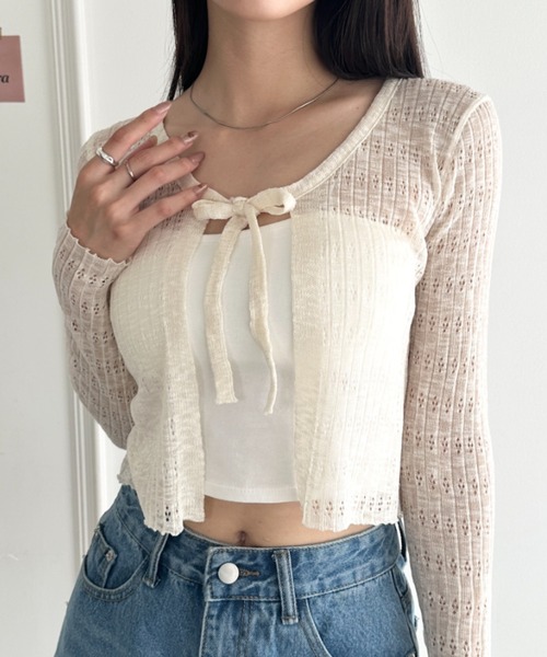 wears（ウェアーズ）の「ショート丈フロントリボンカーディガン（Tシャツ/カットソー・レディース・ブラック/ホワイト/ピンク/ライトブルー/アイボリー・FREE）」の14枚目の写真