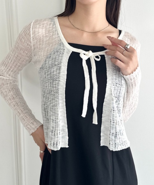 wears（ウェアーズ）の「ショート丈フロントリボンカーディガン（Tシャツ/カットソー・レディース・ブラック/ホワイト/ピンク/ライトブルー/アイボリー・FREE）」の6枚目の写真