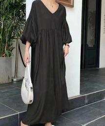 Vネック袖ボリュームロングワンピース