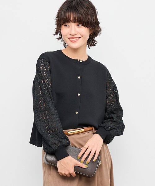 セール】《手洗い可能》フラワー刺繍生地袖クルーネックカーディガン