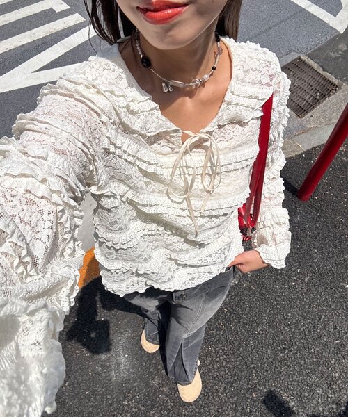 CIAOPANIC（チャオパニック）の「セーラーカラーレースフリルトップス（Tシャツ/カットソー・レディース・アイボリー/カーキ/ブラック・ONE SIZE）」の2枚目の写真