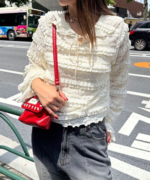 CIAOPANIC（チャオパニック）の「セーラーカラーレースフリルトップス（Tシャツ/カットソー・レディース・アイボリー/カーキ/ブラック・ONE SIZE）」の4枚目の写真