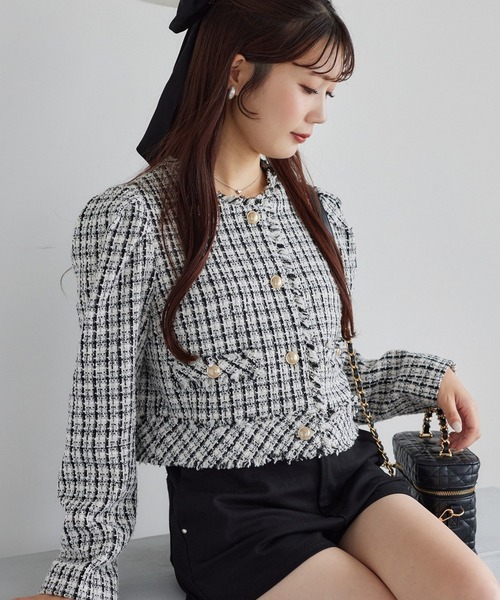 ノーカラー ツイードジャケット ブラック・ホワイト ホワイトジョーラ WHITE JOOLA 【洗える＆防シワ！】ノーカラー