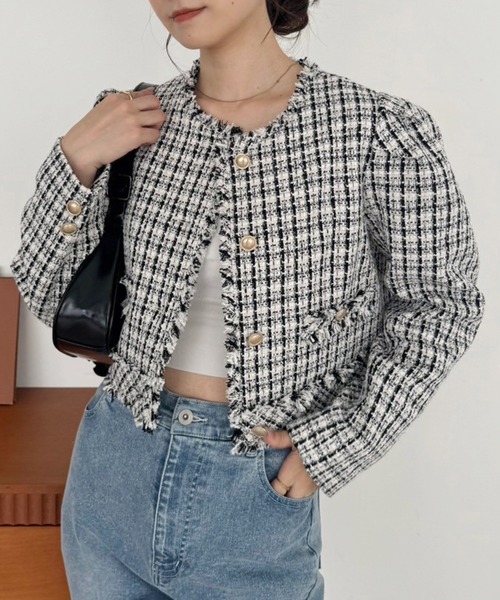 one after another NICE CLAUP(ワンアフターアナザーナイスクラップ)の「WEB限定/ツイードジャケット(ノーカラージャケット・レディース・ブラック/ホワイト×ブラック/アイボリー/ネイビー・FREE)」の13枚目の写真