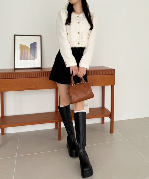 one after another NICE CLAUP(ワンアフターアナザーナイスクラップ)の「WEB限定/ツイードジャケット(ノーカラージャケット・レディース・ブラック/ホワイト×ブラック/アイボリー/ネイビー・FREE)」の22枚目の写真