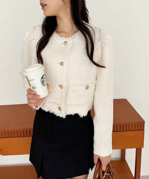 one after another NICE CLAUP(ワンアフターアナザーナイスクラップ)の「WEB限定/ツイードジャケット(ノーカラージャケット・レディース・ブラック/ホワイト×ブラック/アイボリー/ネイビー・FREE)」の15枚目の写真