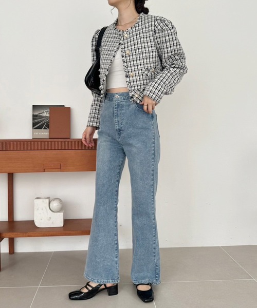 one after another NICE CLAUP(ワンアフターアナザーナイスクラップ)の「WEB限定/ツイードジャケット(ノーカラージャケット・レディース・ブラック/ホワイト×ブラック/アイボリー/ネイビー・FREE)」の18枚目の写真