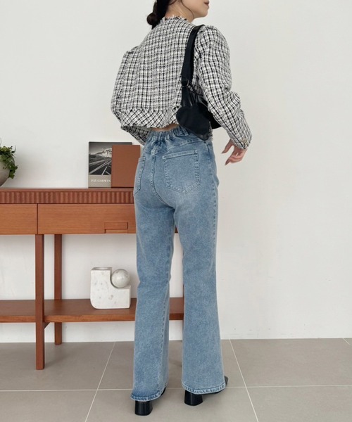 one after another NICE CLAUP(ワンアフターアナザーナイスクラップ)の「WEB限定/ツイードジャケット(ノーカラージャケット・レディース・ブラック/ホワイト×ブラック/アイボリー/ネイビー・FREE)」の10枚目の写真