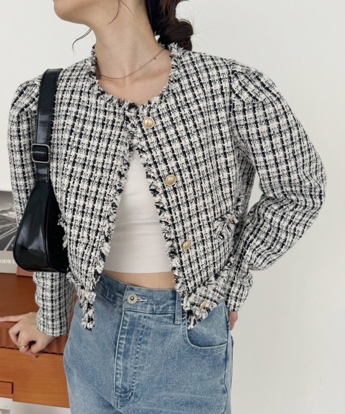 one after another NICE CLAUP(ワンアフターアナザーナイスクラップ)の「WEB限定/ツイードジャケット(ノーカラージャケット・レディース・ブラック/ホワイト×ブラック/アイボリー/ネイビー・FREE)」の12枚目の写真