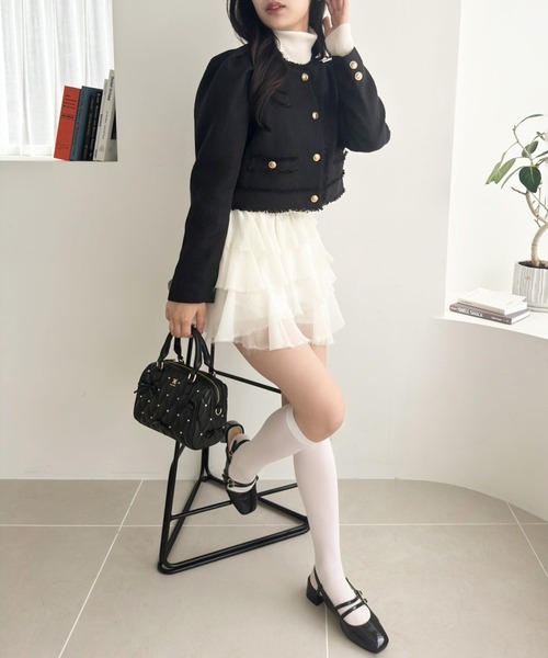 one after another NICE CLAUP(ワンアフターアナザーナイスクラップ)の「WEB限定/ツイードジャケット(ノーカラージャケット・レディース・ブラック/ホワイト×ブラック/アイボリー/ネイビー・FREE)」の7枚目の写真