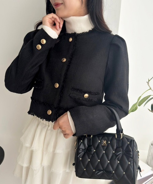 one after another NICE CLAUP(ワンアフターアナザーナイスクラップ)の「WEB限定/ツイードジャケット(ノーカラージャケット・レディース・ブラック/ホワイト×ブラック/アイボリー/ネイビー・FREE)」の20枚目の写真