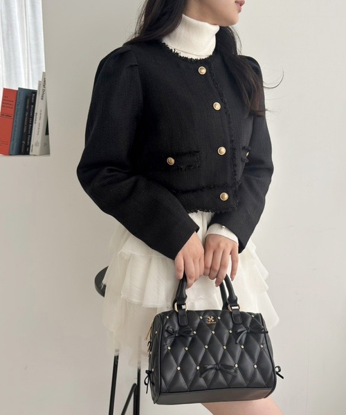 one after another NICE CLAUP(ワンアフターアナザーナイスクラップ)の「WEB限定/ツイードジャケット(ノーカラージャケット・レディース・ブラック/ホワイト×ブラック/アイボリー/ネイビー・FREE)」の8枚目の写真