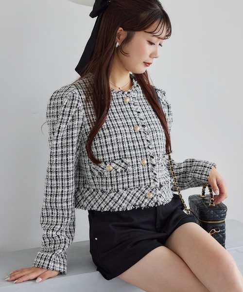 ノーカラーツイードジャケット ファンシーウールツイードノーカラージャケット「K1609」