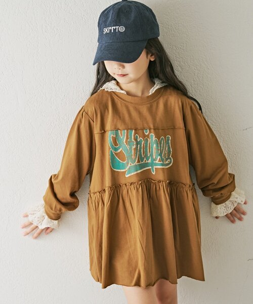 CIAOPANIC TYPY（チャオパニックティピー）の「【KIDS】かすれロゴ長袖チュニックミニワンピ（ワンピース・キッズ・チャコールグレー/グレー/キャメル・SMALL/XX-LARGE/MEDIUM/X-LARGE/LARGE）」の3枚目の写真