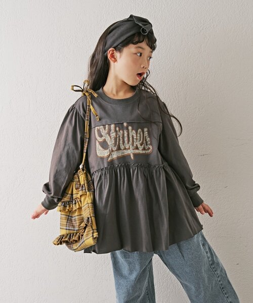 CIAOPANIC TYPY（チャオパニックティピー）の「【KIDS】かすれロゴ長袖チュニックミニワンピ（ワンピース・キッズ・チャコールグレー/グレー/キャメル・SMALL/XX-LARGE/MEDIUM/X-LARGE/LARGE）」の6枚目の写真