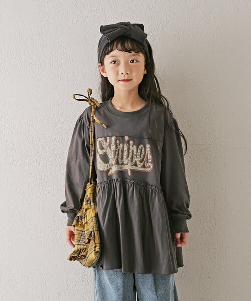 CIAOPANIC TYPY（チャオパニックティピー）の「【KIDS】かすれロゴ長袖チュニックミニワンピ（ワンピース・キッズ・チャコールグレー/グレー/キャメル・SMALL/XX-LARGE/MEDIUM/X-LARGE/LARGE）」の7枚目の写真