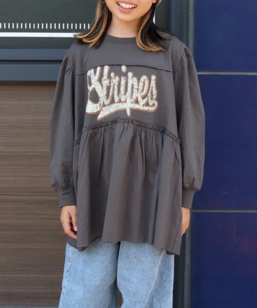 CIAOPANIC TYPY（チャオパニックティピー）の「【KIDS】かすれロゴ長袖チュニックミニワンピ（ワンピース・キッズ・チャコールグレー/グレー/キャメル・SMALL/XX-LARGE/MEDIUM/X-LARGE/LARGE）」の12枚目の写真