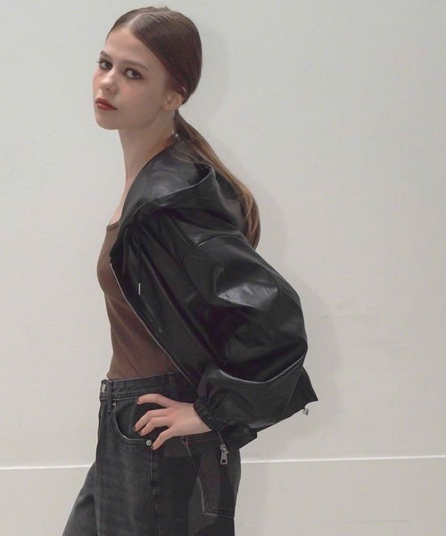 Mirette（ミレット）の「合成皮革ショートフーディブルゾン / Short Hoodie Blouson（ブルゾン・レディース・ブラック・FREE）」の6枚目の写真