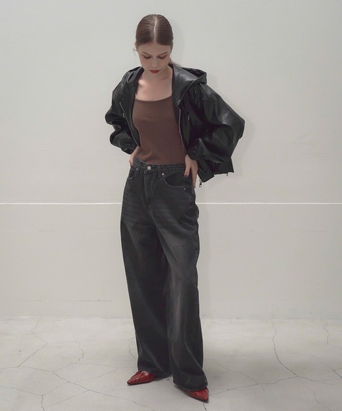 Mirette（ミレット）の「合成皮革ショートフーディブルゾン / Short Hoodie Blouson（ブルゾン・レディース・ブラック・FREE）」の9枚目の写真