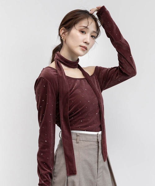 ランダ（RANDA）/＜25秋冬新作＞アシメネックベロアストーンカットソー セール】アシメネックベロアストーンカットソー（Tシャツ/カットソー