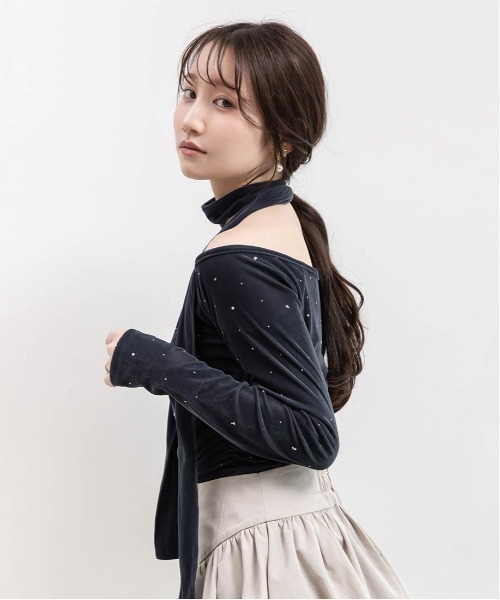 RANDA(ランダ)の「アシメネックベロアストーンカットソー(Tシャツ/カットソー・レディース・ワイン/アイボリー/ネイビー・FREE)」の5枚目の写真