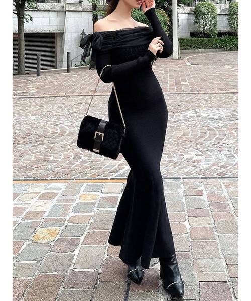 骨格ウェーブ向け】ドッキングオフショルリボンワンピース