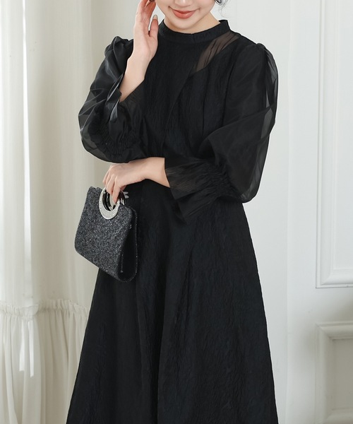 Lace Ladies(レースレディース)の「スタンドカラー 異素材 ドッキング キャンディ袖 ワンピース(ドレス・レディース・ネイビー/ブラック/チャコールグレー・FREE/S)」の9枚目の写真