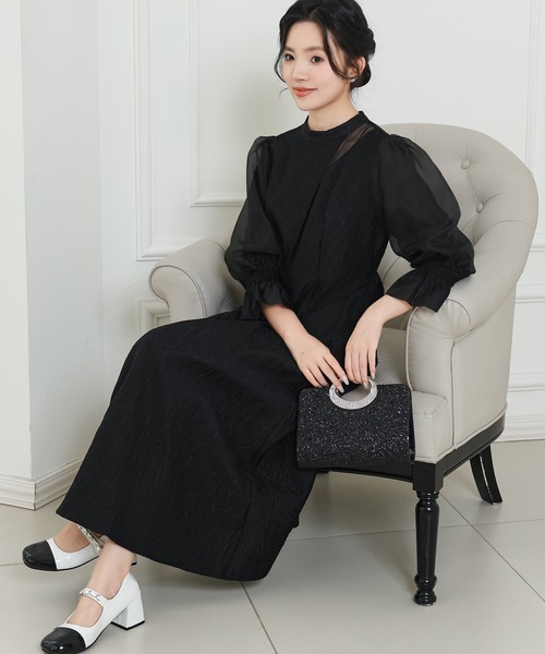 Lace Ladies(レースレディース)の「スタンドカラー 異素材 ドッキング キャンディ袖 ワンピース(ドレス・レディース・ネイビー/ブラック/チャコールグレー・FREE/S)」の12枚目の写真