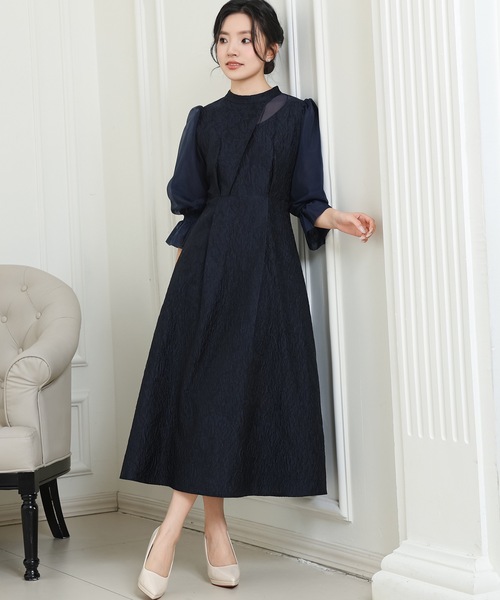 Lace Ladies(レースレディース)の「スタンドカラー 異素材 ドッキング キャンディ袖 ワンピース(ドレス・レディース・ネイビー/ブラック/チャコールグレー・FREE/S)」の7枚目の写真