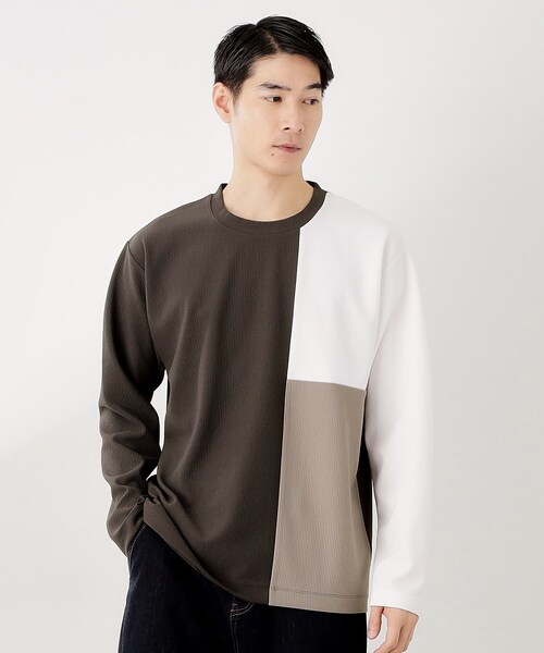 THE SHOP TK （ザ ショップ ティーケー ）の「【一枚で着映える】パネルブロッキング長袖Tシャツ 【洗濯機OK】（Tシャツ/カットソー・メンズ・ホワイト系7/ダークブラウン系4/ネイビー系4・02/03/04）」の2枚目の写真