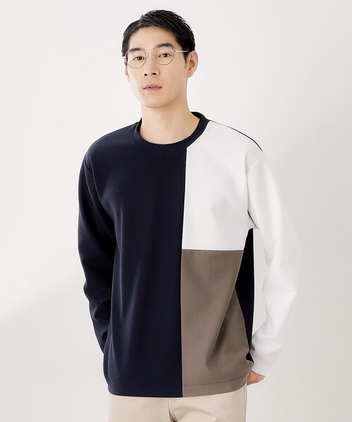 THE SHOP TK （ザ ショップ ティーケー ）の「【一枚で着映える】パネルブロッキング長袖Tシャツ 【洗濯機OK】（Tシャツ/カットソー・メンズ・ホワイト系7/ダークブラウン系4/ネイビー系4・02/03/04）」の3枚目の写真