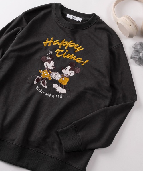3635　ディズニー　ミッキー　長袖　スウェット　ワッペン　裏起毛　紺 Disney トレーナー スウェット Disney/ディズニー ミッキー