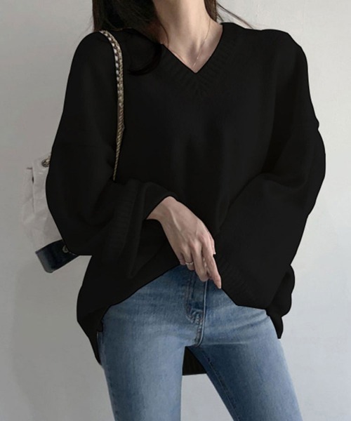 SallyLunn(サリーラン)の「Vネックオーバーサイズニット(ニット/セーター・レディース・アイボリー/ブラック/ホワイト・FREE)」の5枚目の写真