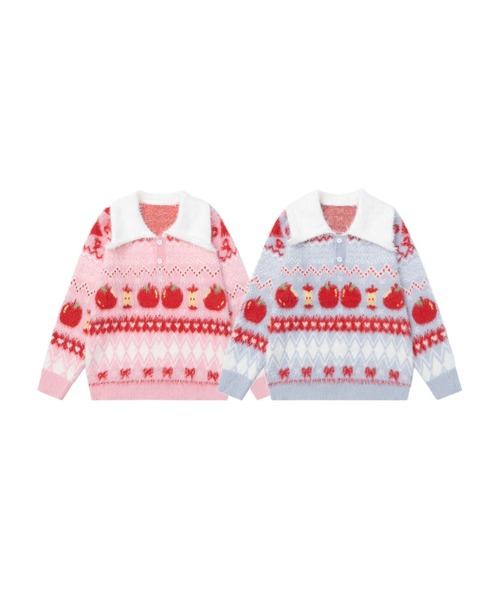 HOOK(フック)の「HOOK for girls りんご柄 ふわふわ ポロ襟ニット (AW)(ニット/セーター・レディース・ピンク/ライトブルー・MEDIUM/SMALL)」の16枚目の写真
