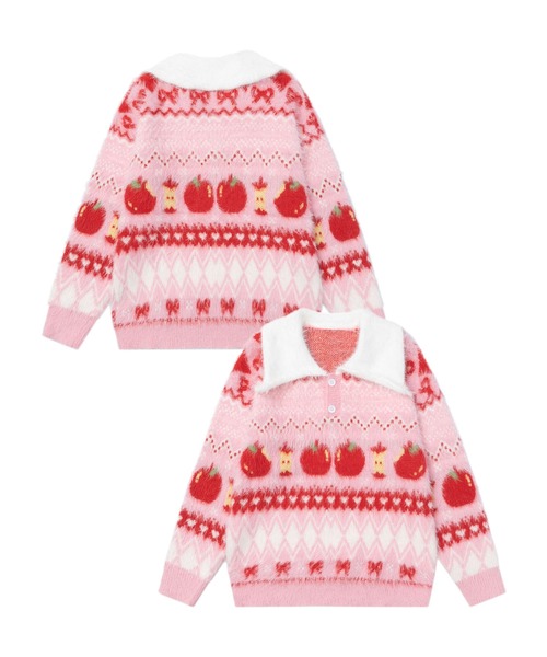 HOOK(フック)の「HOOK for girls りんご柄 ふわふわ ポロ襟ニット (AW)(ニット/セーター・レディース・ピンク/ライトブルー・MEDIUM/SMALL)」の4枚目の写真