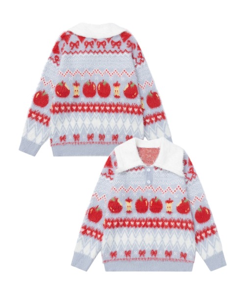HOOK(フック)の「HOOK for girls りんご柄 ふわふわ ポロ襟ニット (AW)(ニット/セーター・レディース・ピンク/ライトブルー・MEDIUM/SMALL)」の3枚目の写真