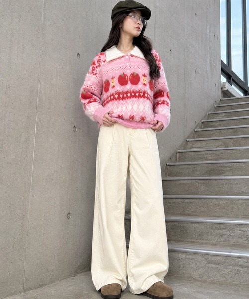 HOOK(フック)の「HOOK for girls りんご柄 ふわふわ ポロ襟ニット (AW)(ニット/セーター・レディース・ピンク/ライトブルー・MEDIUM/SMALL)」の13枚目の写真