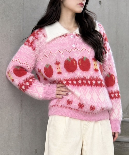 HOOK(フック)の「HOOK for girls りんご柄 ふわふわ ポロ襟ニット (AW)(ニット/セーター・レディース・ピンク/ライトブルー・MEDIUM/SMALL)」の12枚目の写真