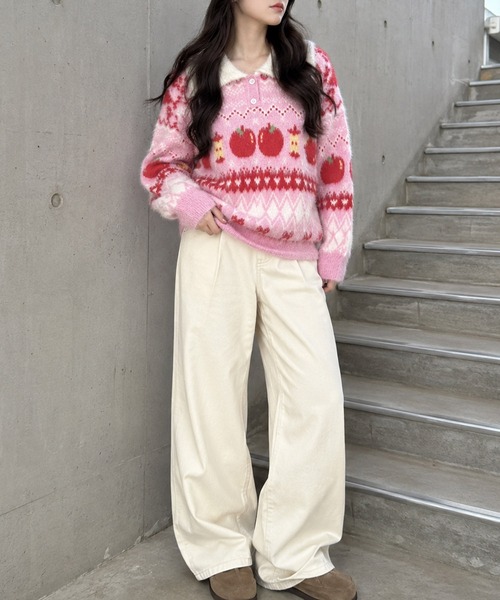 HOOK(フック)の「HOOK for girls りんご柄 ふわふわ ポロ襟ニット (AW)(ニット/セーター・レディース・ピンク/ライトブルー・MEDIUM/SMALL)」の11枚目の写真