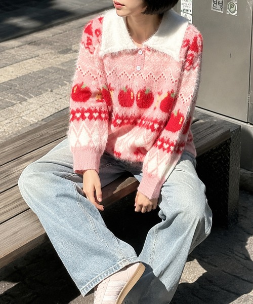 HOOK(フック)の「HOOK for girls りんご柄 ふわふわ ポロ襟ニット (AW)(ニット/セーター・レディース・ピンク/ライトブルー・MEDIUM/SMALL)」の15枚目の写真