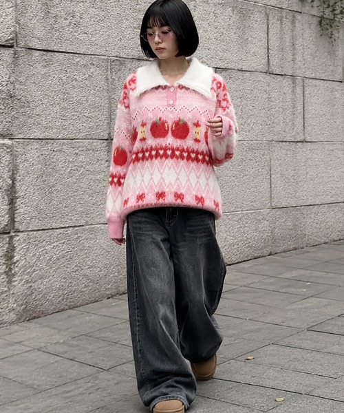 HOOK(フック)の「HOOK for girls りんご柄 ふわふわ ポロ襟ニット (AW)(ニット/セーター・レディース・ピンク/ライトブルー・MEDIUM/SMALL)」の14枚目の写真