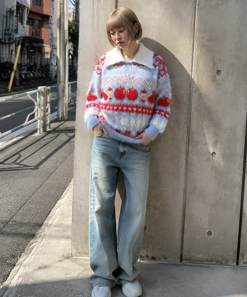 HOOK(フック)の「HOOK for girls りんご柄 ふわふわ ポロ襟ニット (AW)(ニット/セーター・レディース・ピンク/ライトブルー・MEDIUM/SMALL)」の10枚目の写真