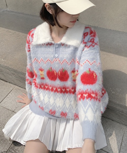 HOOK(フック)の「HOOK for girls りんご柄 ふわふわ ポロ襟ニット (AW)(ニット/セーター・レディース・ピンク/ライトブルー・MEDIUM/SMALL)」の9枚目の写真