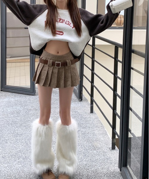 Y2K ベルト付きプリーツハウンドトゥースミニスカート（スカート