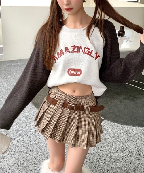 セール】Y2K ベルト付きプリーツハウンドトゥースミニスカート